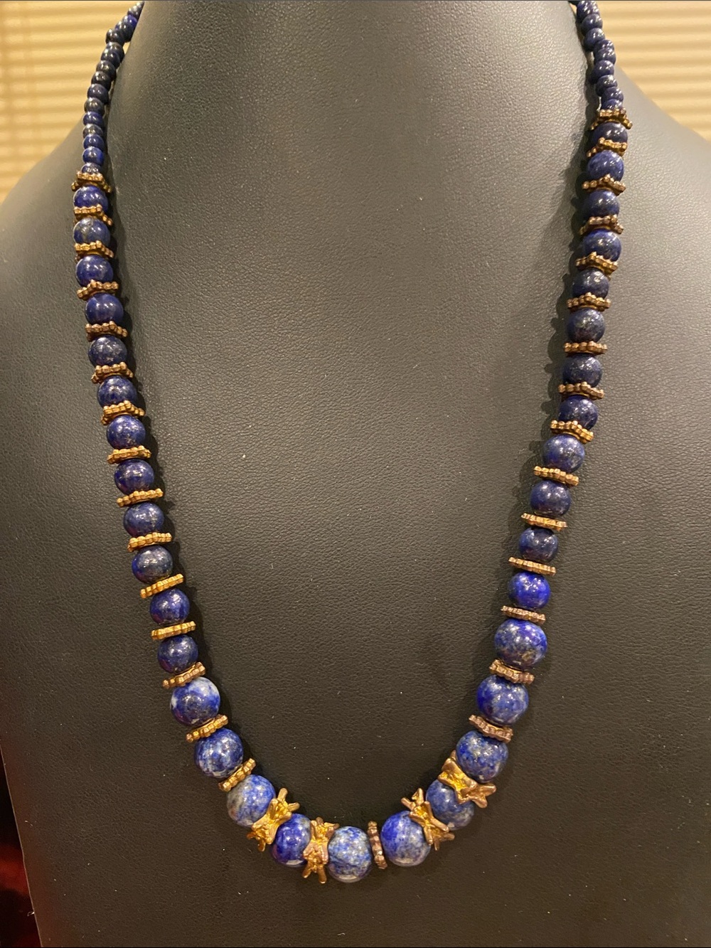 Stauer Lapis Lazuli Bead Necklace with Gold Tone Accent Spacers.